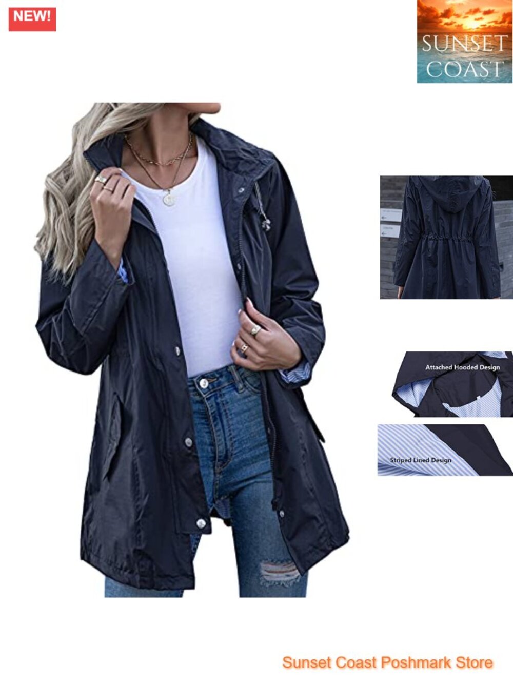 Waterproof Hooded Raincoat Striped Lined Windbreaker Outdoor